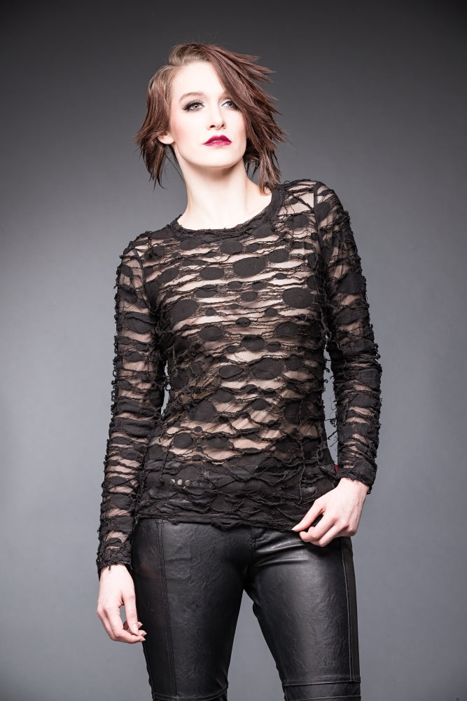 woman in Alice apocalyptic top with see through layers Ministry of Style gothic collection