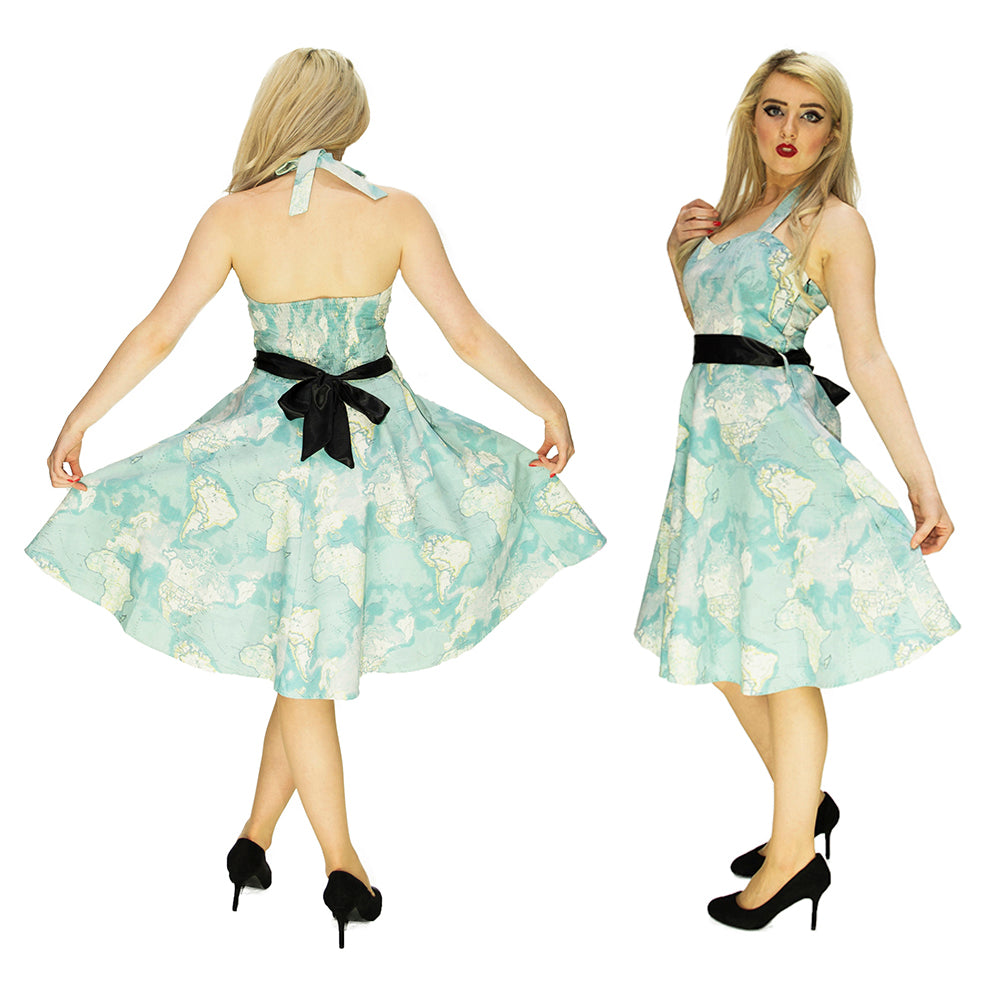 lady wearing world print swing dress