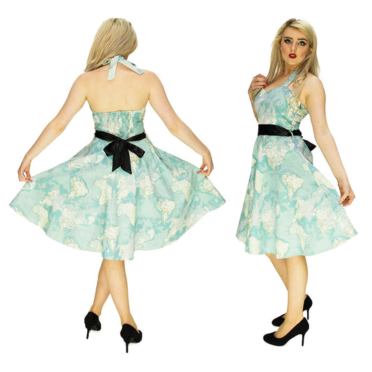 lady wearing world print swing dress