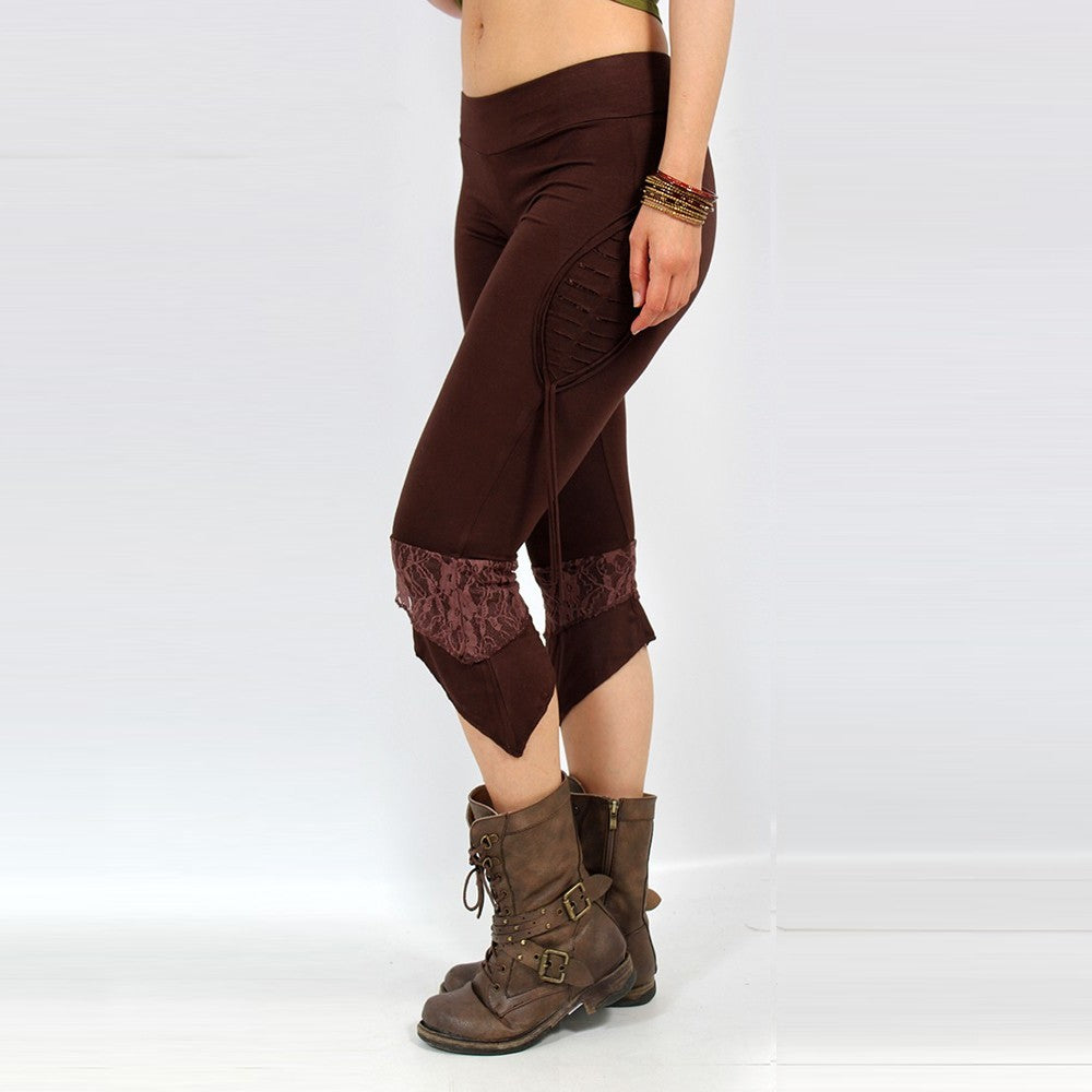 ladies legs wearing brown pixie leggings from Ministry of style